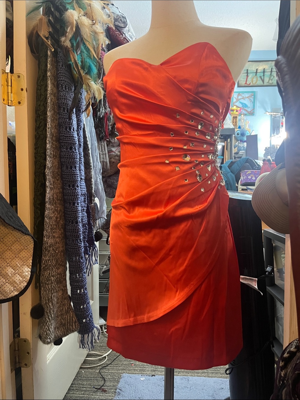 B Darlin Strapless Orange Cocktail Dress with Side Crystal Accents